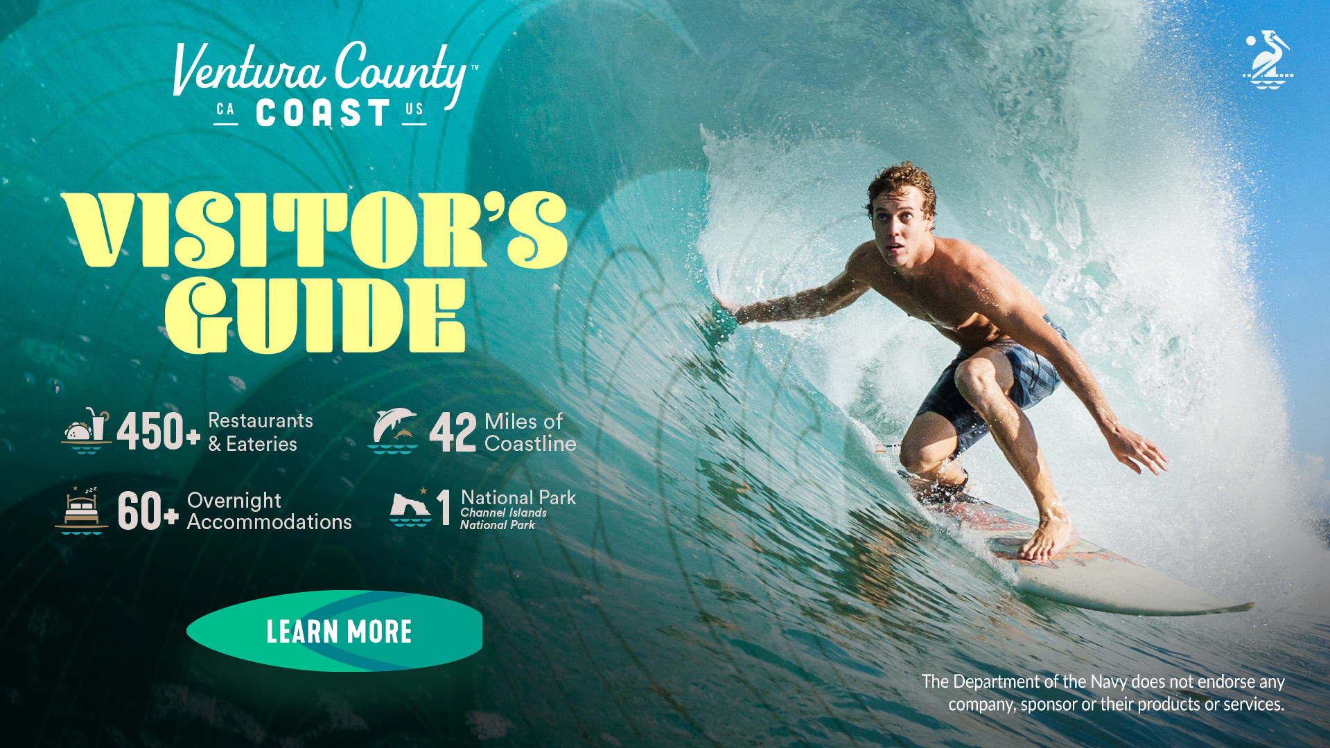Man surfing a waive with visitors guide text and link to visitors guide webpage